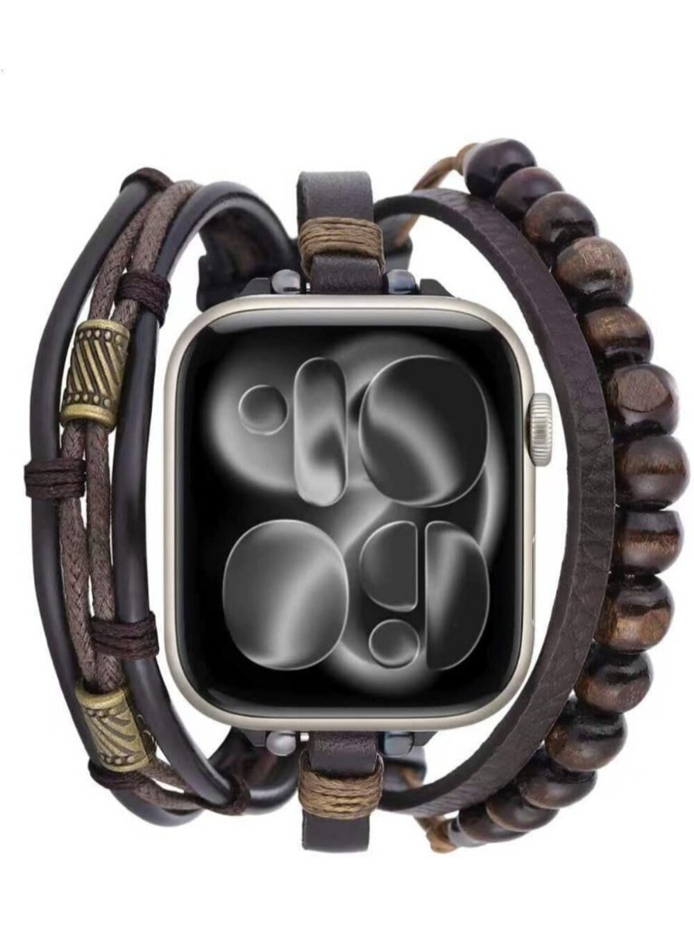 Unisex Dark Brown Beaded Boho Bracelet Compatible Leather Band with Apple Watch